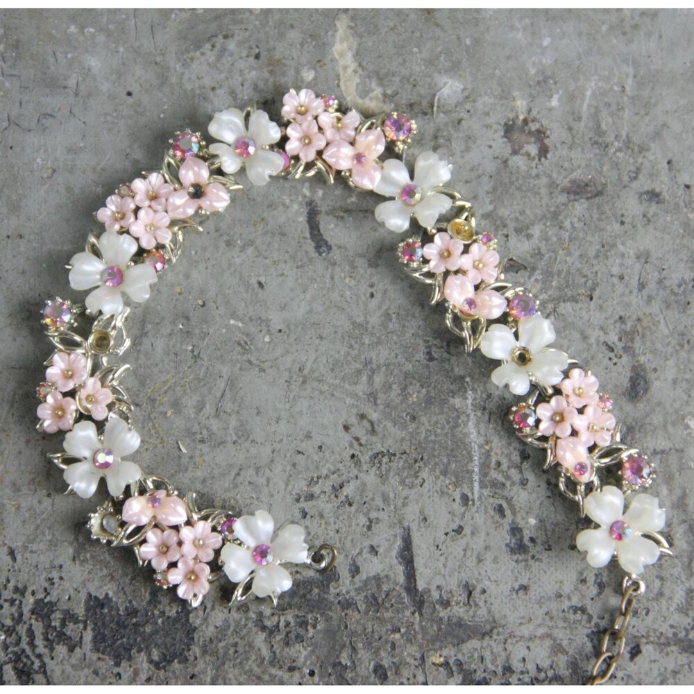 Signed ART Pink and White Floral bracelet, vintage